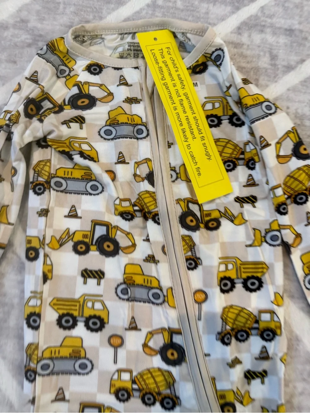 Beige One-Piece Pajama with Yellow Construction bamboo